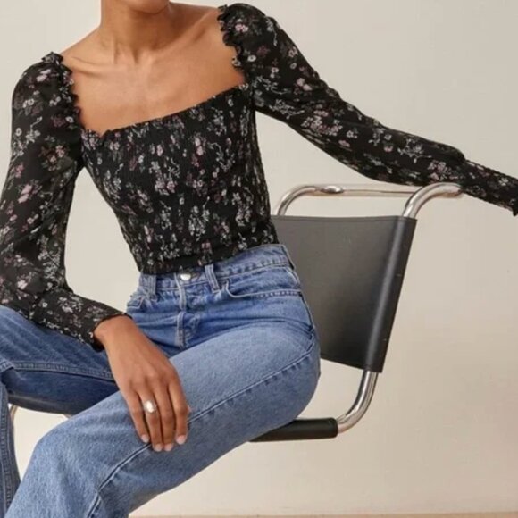 Reformation Jolene Pinto Floral Smocked Top Size L 100% Viscose - Picture 3 of 6